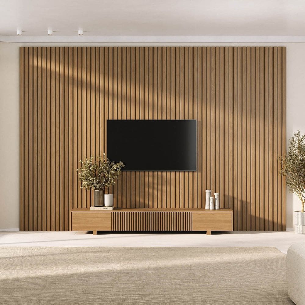 Rack Ripado com Painel Ripado para Tv até 86 Polegadas 360x230cm Aruá Cabecasa Madeiraoriginals Jatoba