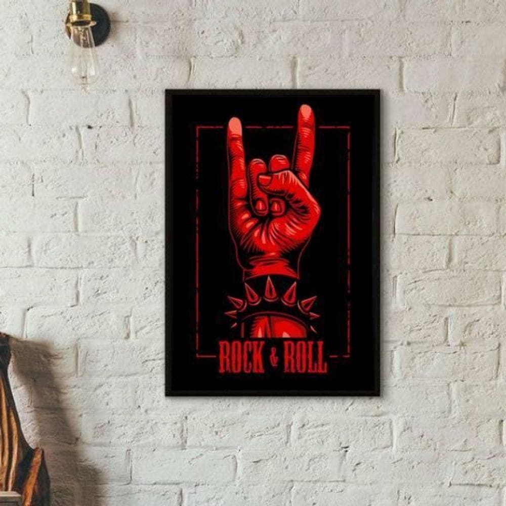 Quadro Símbolo Mão Do Rock Roll 45X34Cm Vidro Moldura Preta