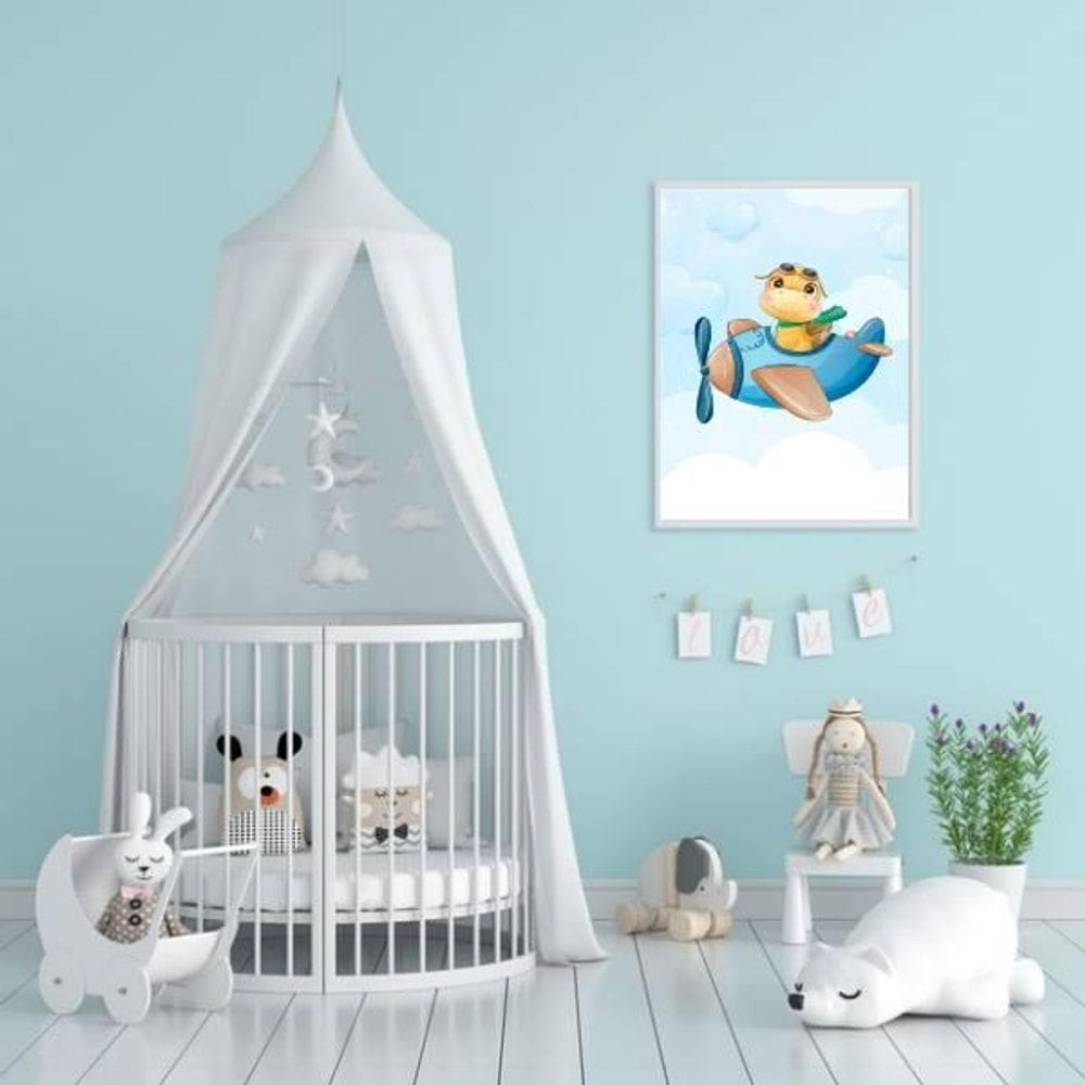 Quadro Dinossaurinho Fofo Avião 33X24 C/Vidro Madeira Branca