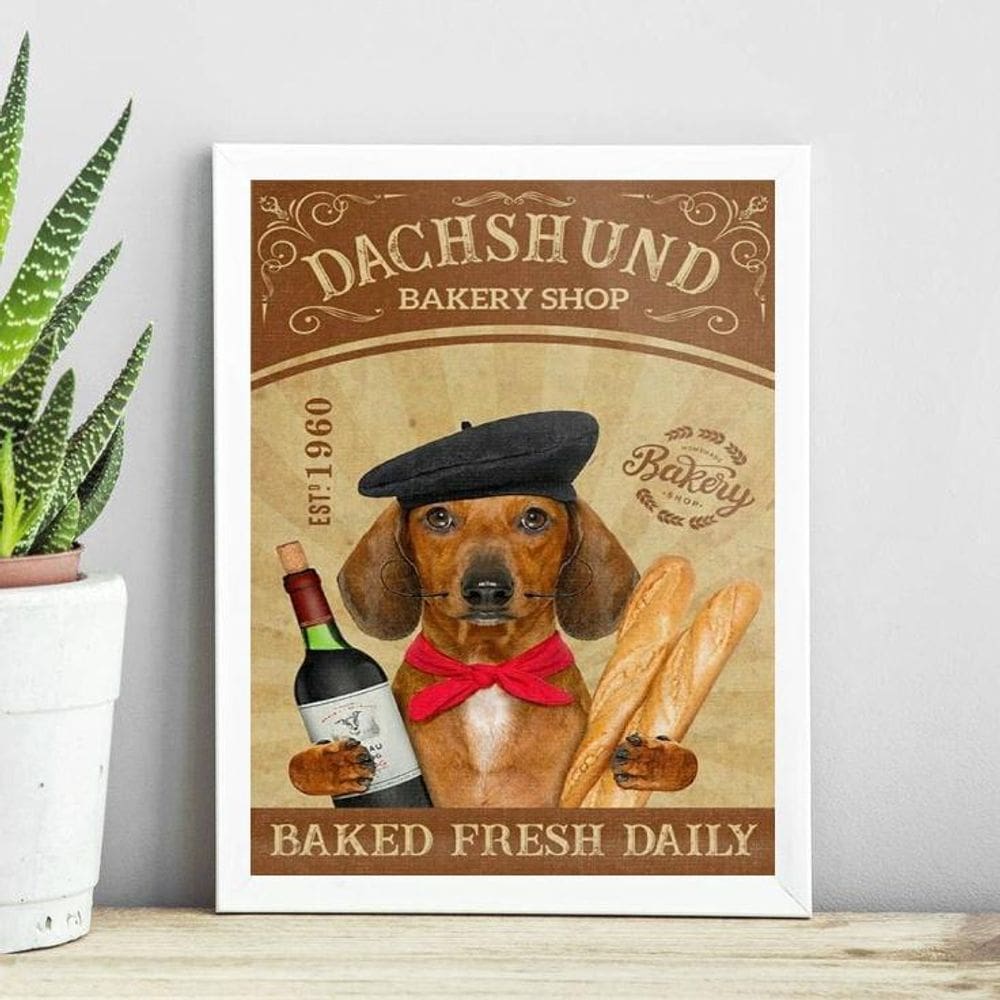 Quadro Cozinha Dachshund - Pão E Vinho 45X34Cm - Com Vidro