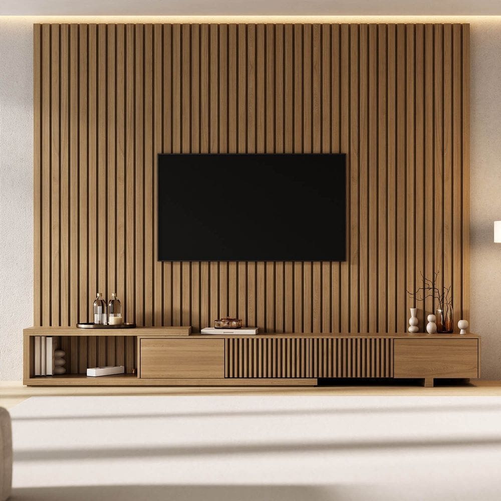 Rack Extensível Ripado C/ Painel Ripado P/ Tv 86 Polegadas 280x230cm Aruá Cabecasa Madeiraoriginals Jatoba