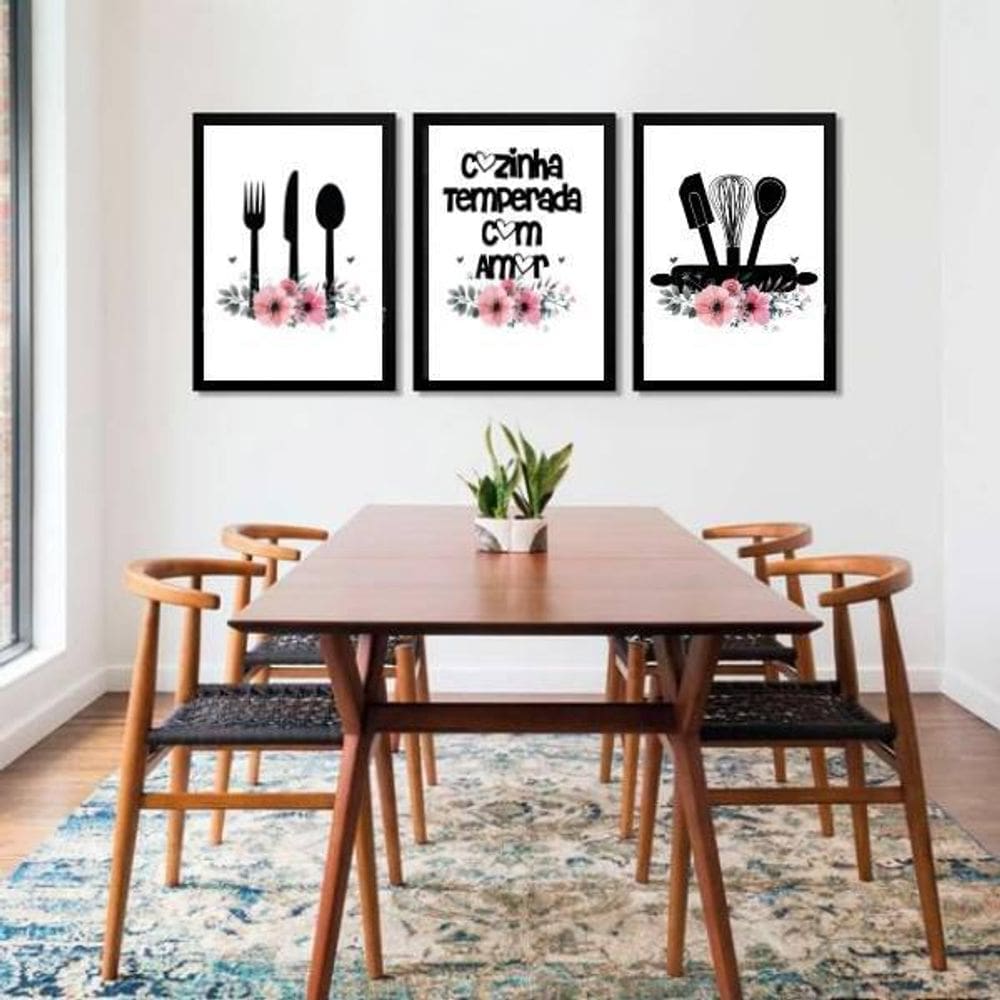 Kit Quadro Decorativo Cozinha Temperada Com Amor 45X34 3 Pçs