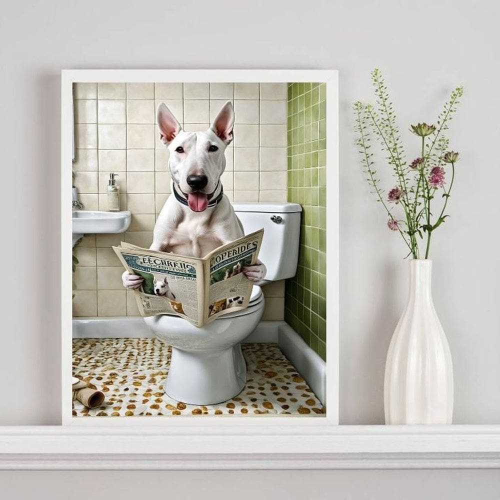 Quadro Divertido Banheiro Bull Terrier Jornal 33X24Cm Vidro