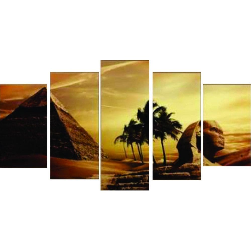 Quadro Mosaico 5 Peças Mdf Egito Pirâmide Acabamento Fosco