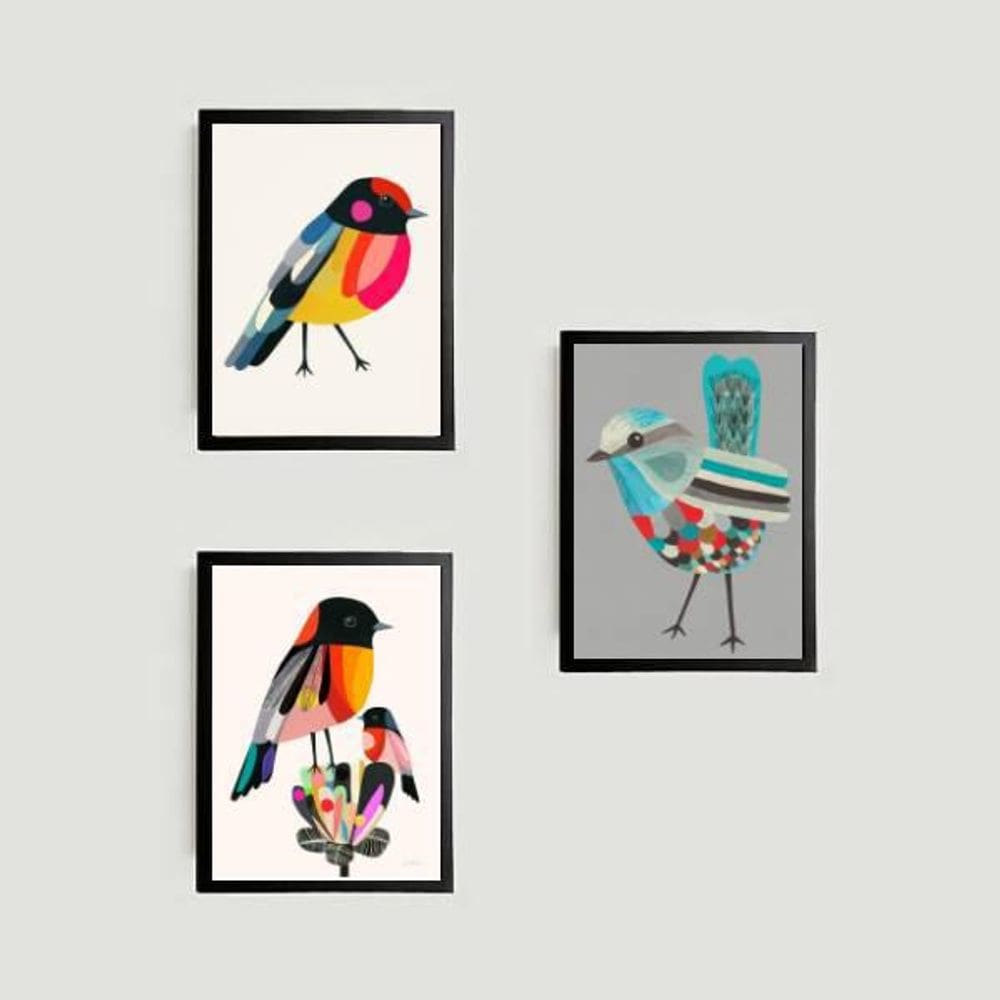 Kit Quadro Decorativo Passarinhos Coloridos 45X34Cm 3 Peças