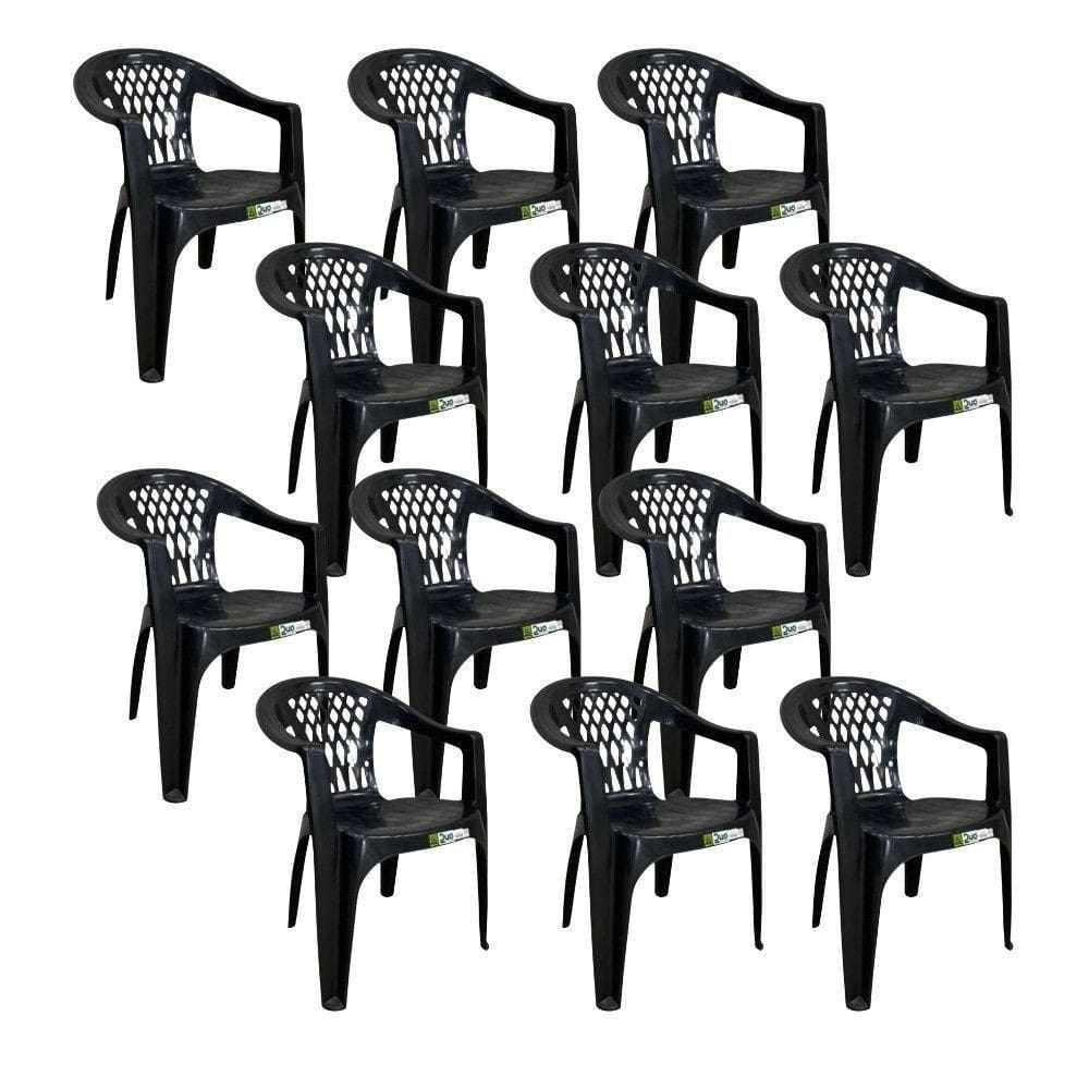 Kit 12 Cadeiras De Plástico Com Braço Duo Bella Duoplastic Preto