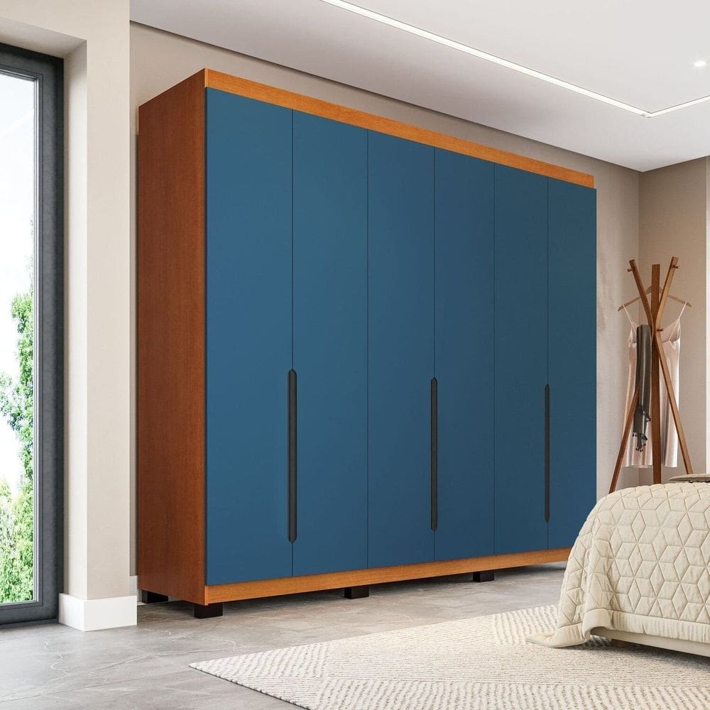 Guarda-roupa Casal 6 Portas de Bater Madrid Azul/Freijó
