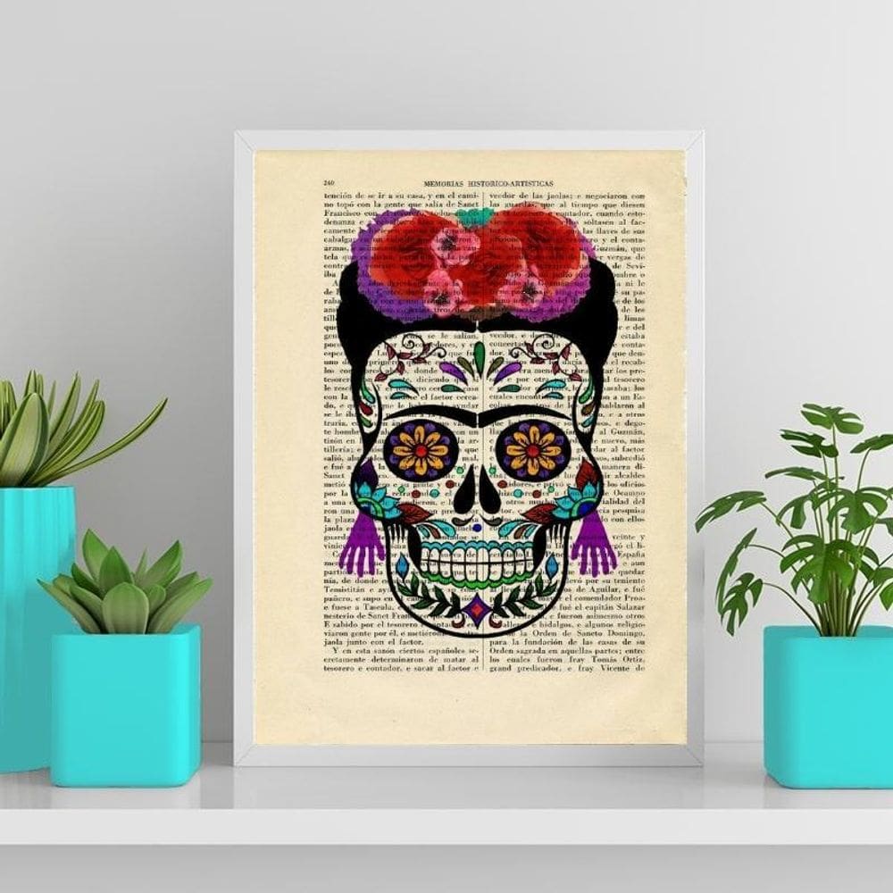 Quadro Caveira Mexicana Feminino 33X24Cm Com Vidro - Branca