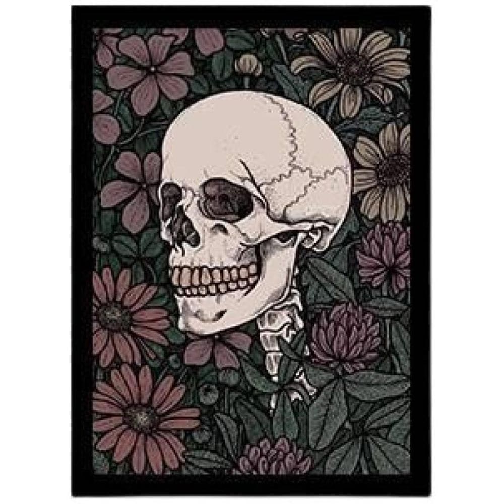 Quadro Decorativo Caveira Com Fundo Floral Com Vidro 24X18Cm