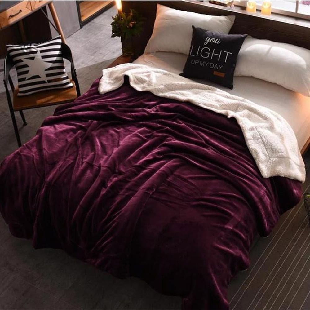Cobertor Casal Comum Veludo Bordô/Pele De Carneiro 240X240