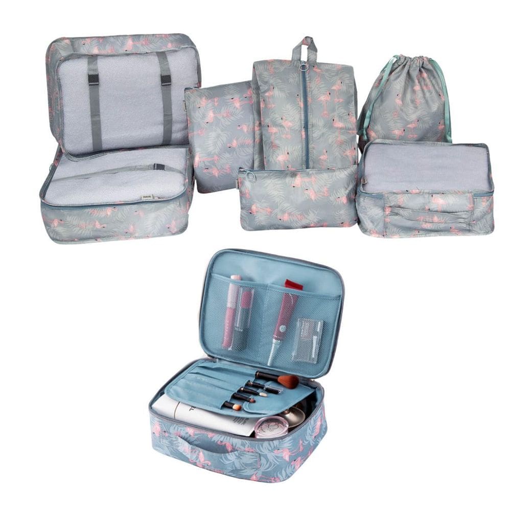 Kit Organizador Mala Viagem 8 Peças Estampado Azul Flamingo