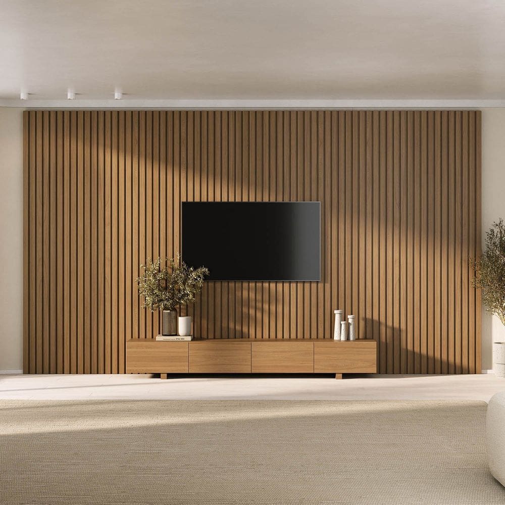 Rack Liso com Painel Ripado para Tv até 86 Polegadas 400x230cm Aruá Cabecasa Madeiraoriginals Jatoba