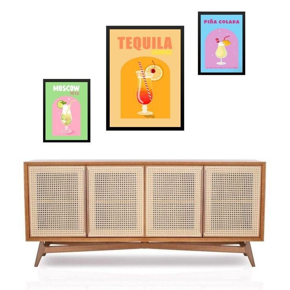 Set 3 Quadros Drinks E Coquetéis Tropicais - Com Vidro