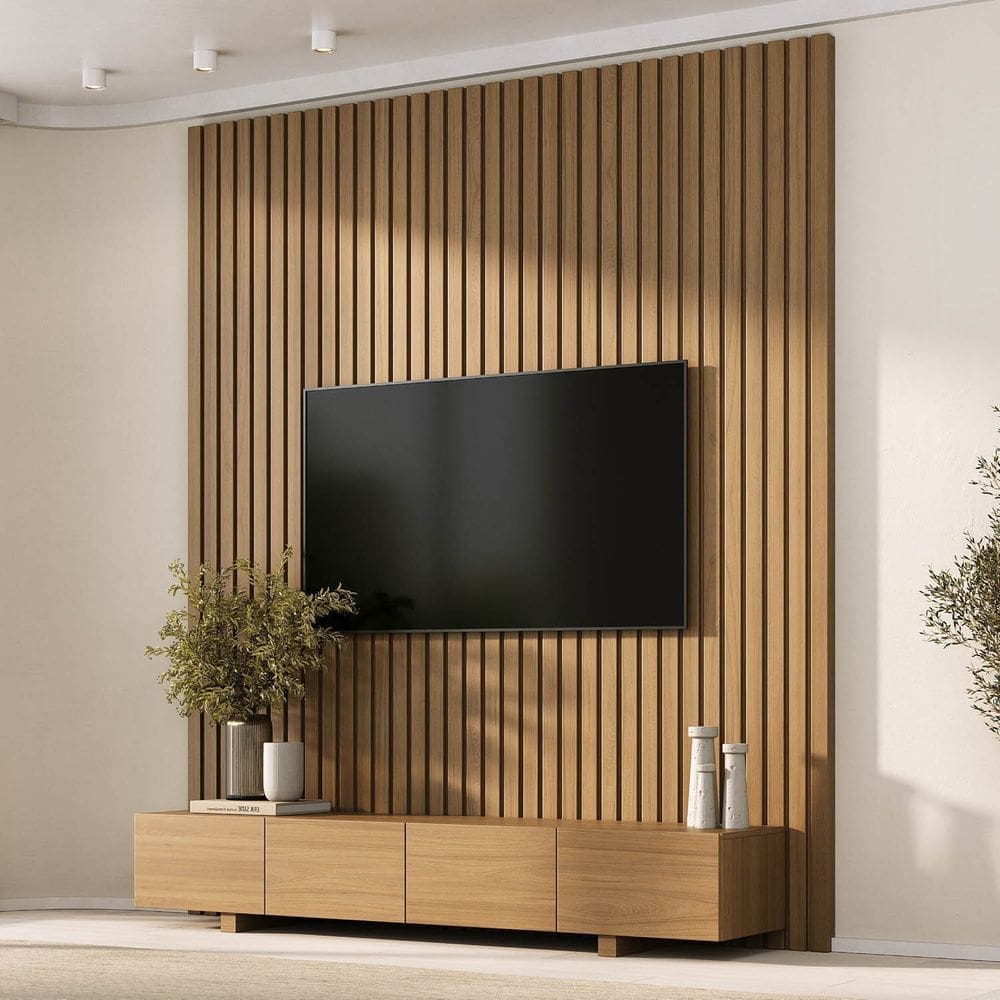 Rack Liso com Painel Ripado para Tv até 75 Polegadas 200x250 Aruá Cabecasa Madeiraoriginals Jatoba