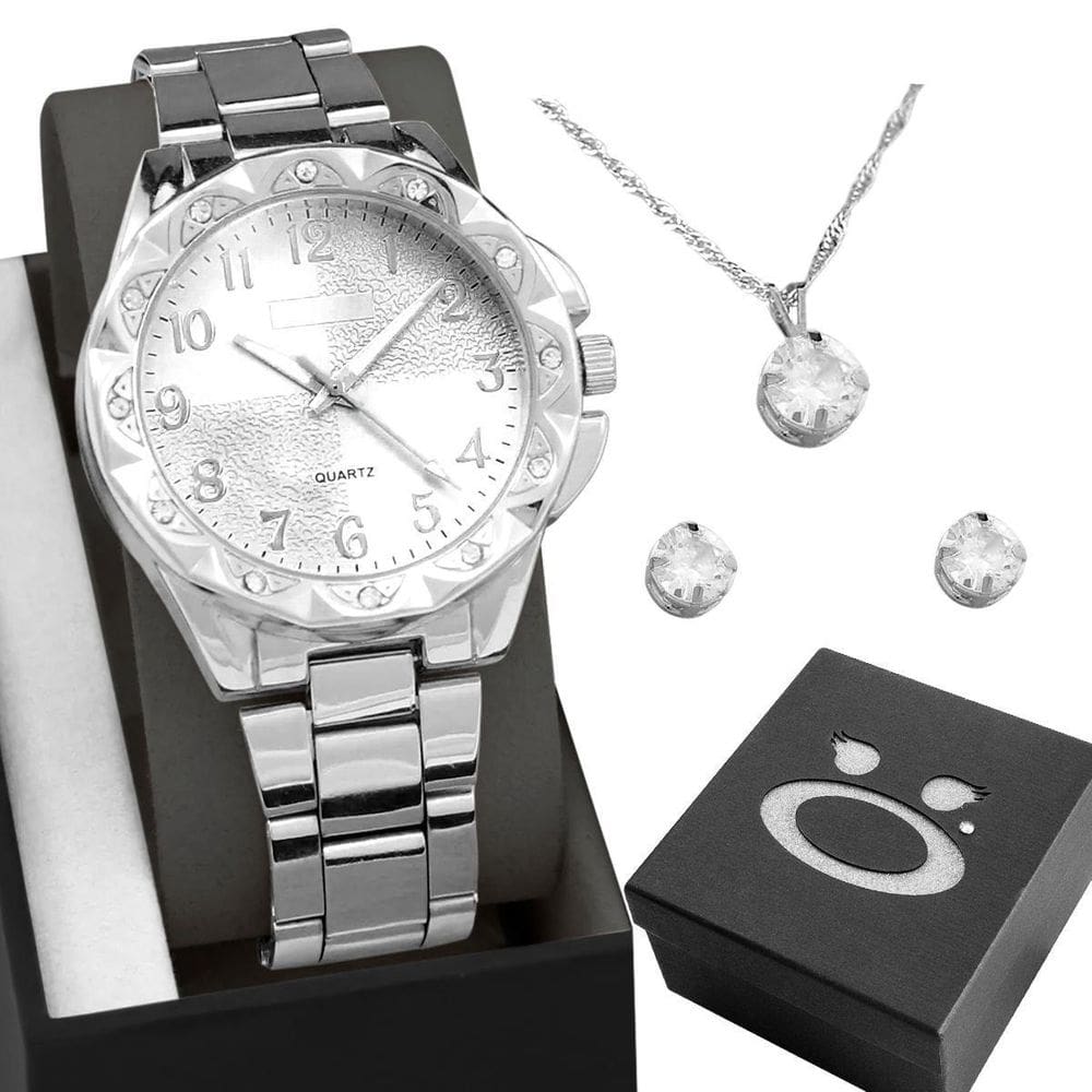 Relógio Feminino Analógico Aço Inoxidável + Colar + Brincos