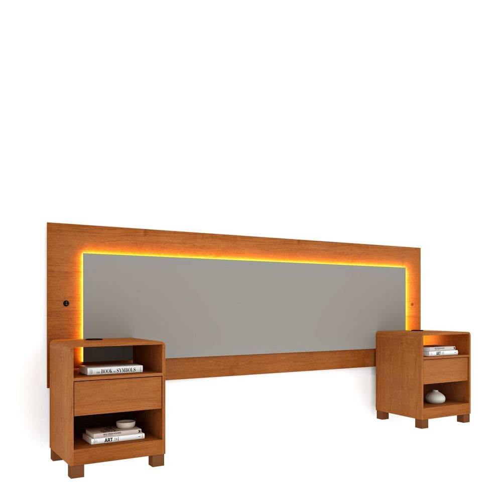 Cabeceira Box Casal Queen Orgânica 100% Mdf Led e Carregador Usb e 2 Gavetas Luna Espresso Móveis Cinamomo/Off White