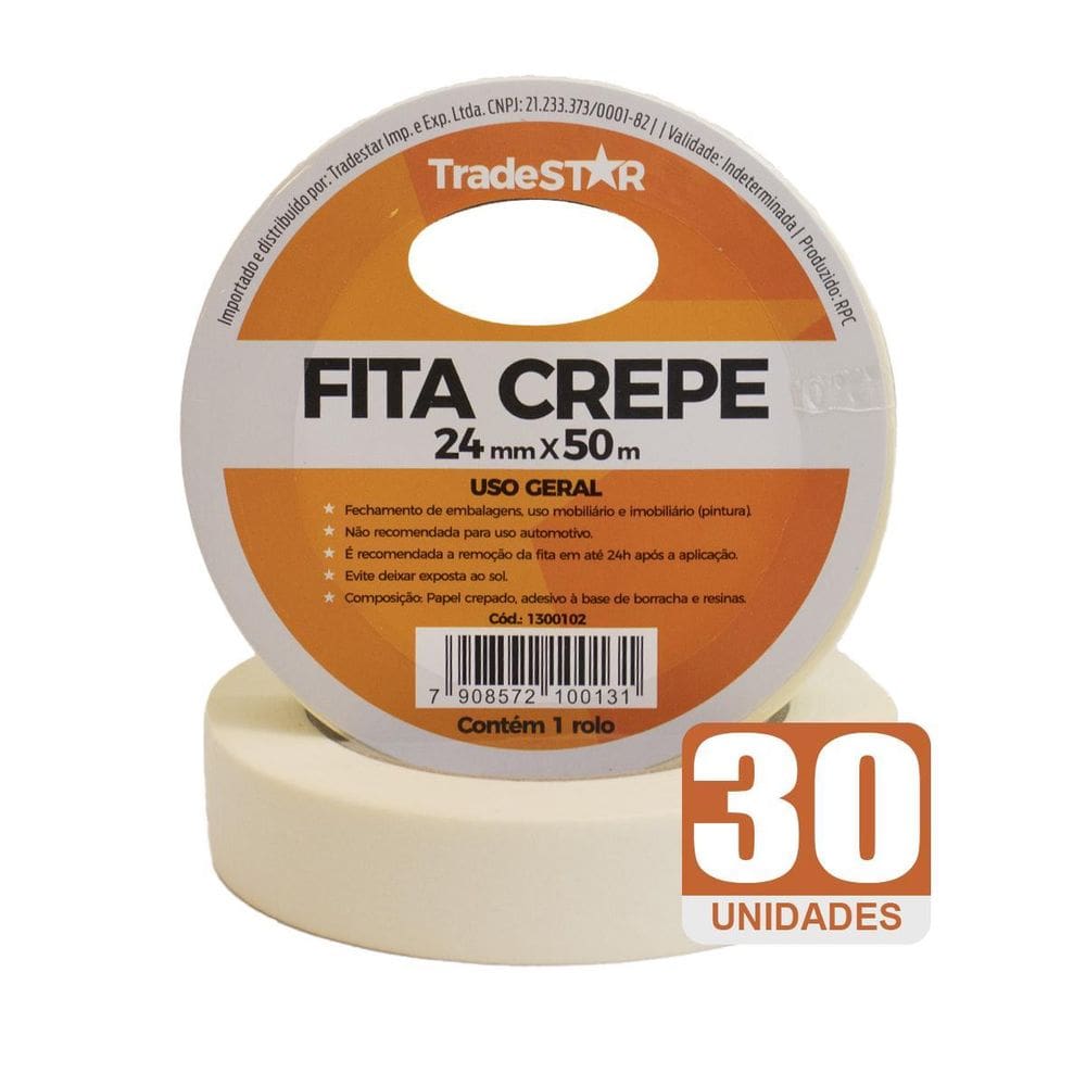 Fita Adesiva Crepe Papel 24Mm X 50M C/30 Rolos 24X50
