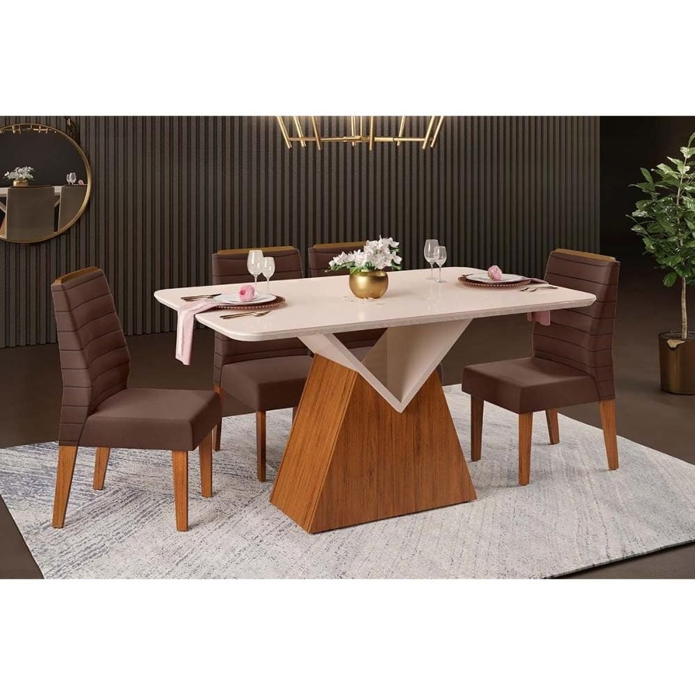 Conjunto: Mesa Sala Jantar Argo c/ Tampo Madeirado c/ Vidro Curvo 136x90cm e 4 Cadeiras Ondina Freijo/Off White - Suede Moca - DJ Móveis