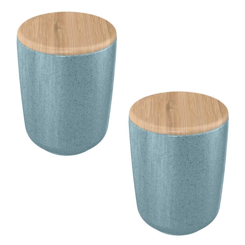 2X Porta Algodão Cotonete Ou Ceramica Azul Com Tampa Bambu