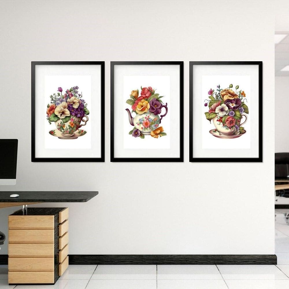 Kit 3 Quadros Grandes Chá E Flores 60X48Cm