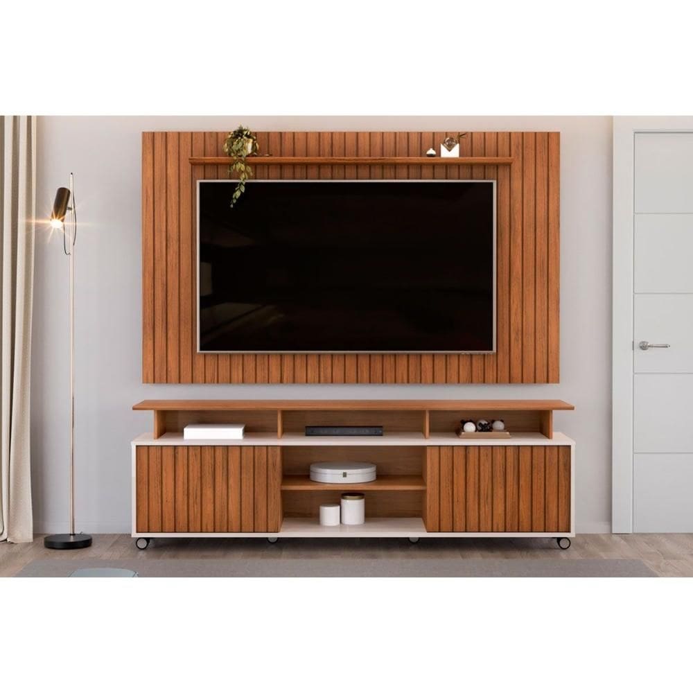 Rack Bancada c/ Painel p/ TV até 65 Pol Lume/Olimpic Ripado Prateleira e Nichos 180x168cm Freijó/Off White - DJ Móveis