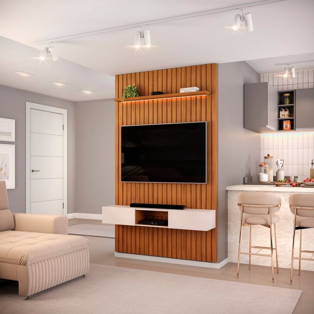 Painel para Tv até 60 Polegadas Ripado com LED 143cm Trento Freijó/Off White