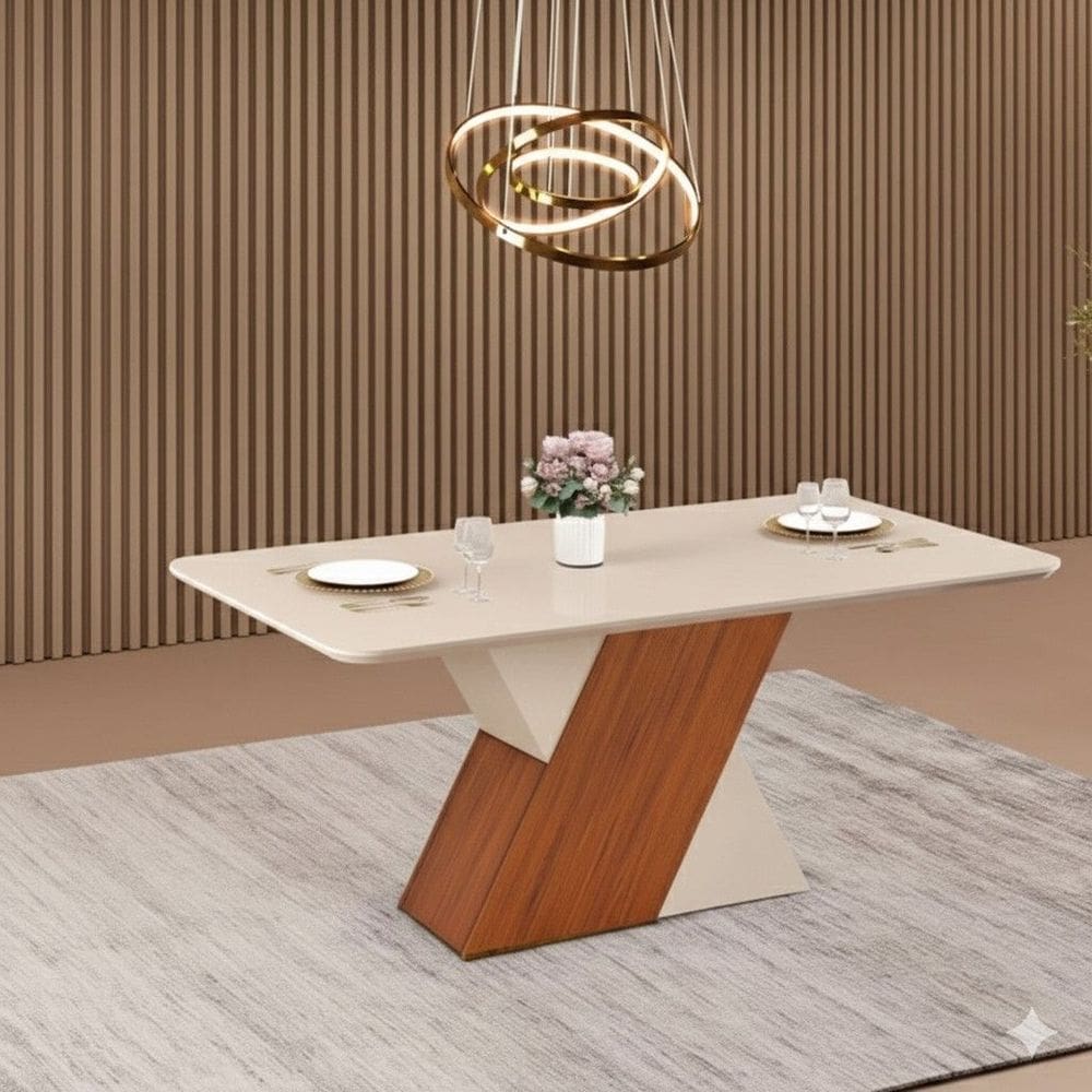 Mesa para Sala de Jantar 170cm Tampo Retangular com Vidro Rubi Freijó / Off White