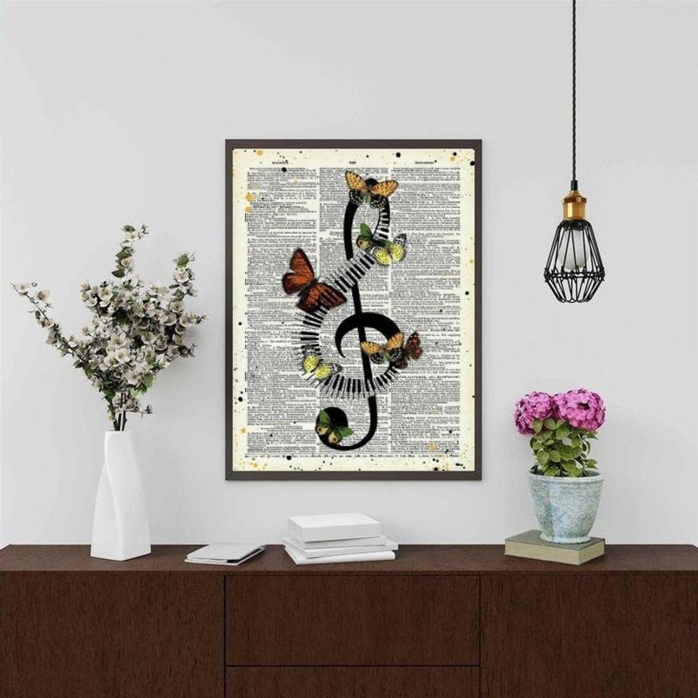 Quadro Decorativo Nota Musical - Borboletas 33X24Cm - Vidro