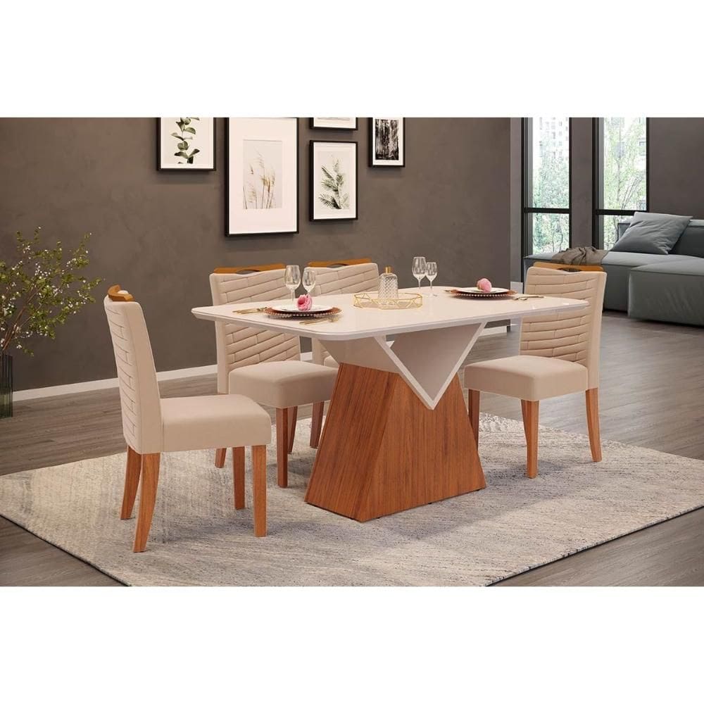 Conjunto: Mesa Sala Jantar Argo c/ Tampo Madeirado c/ Vidro Curvo 136x90cm e 4 Cadeiras Julia Freijo/Off White - Suede Kraft - DJ Móveis