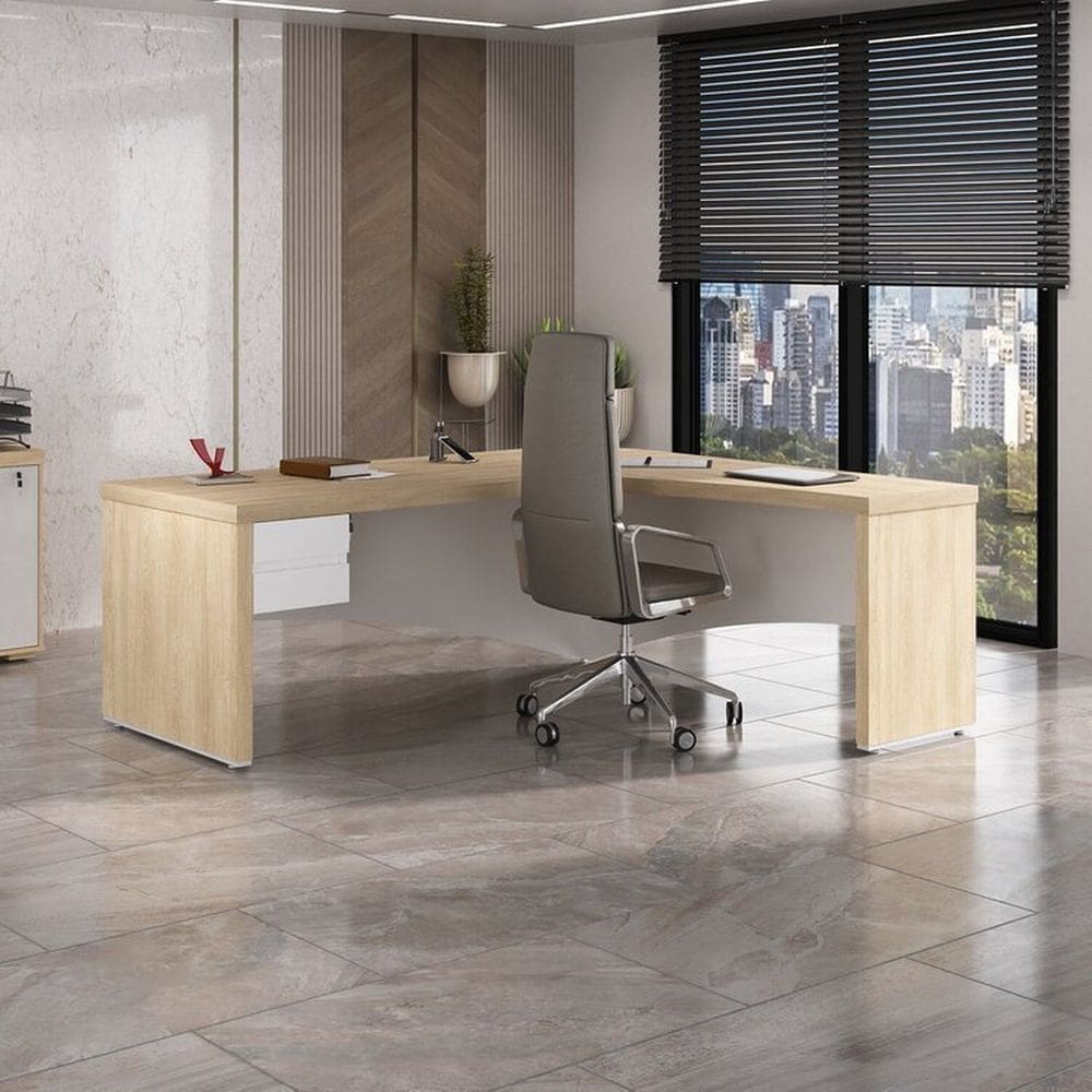 Escrivaninha Mesa Escritório em L Diretor em Tamburato com 2 Gavetas com Chave Carvalho/Branco