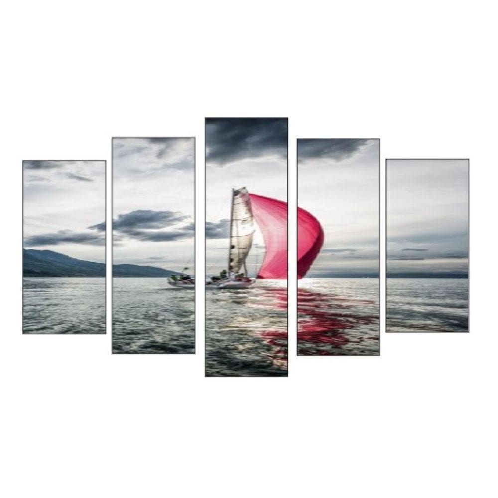 Quadro Decorativo Mosaico 5 Peças Mod952 Barco Mar Nublado