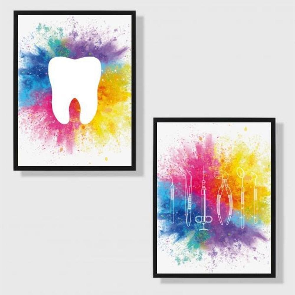 Kit 2 Quadros Para Dentista Aquarela 33X24Cm Madeira Preta