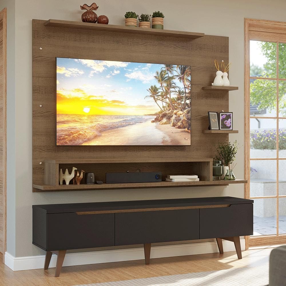 Rack com Painel para TV até 60 Polegadas 180 cm com Pés Rustic/Preto/Rustic Reims Madesa
