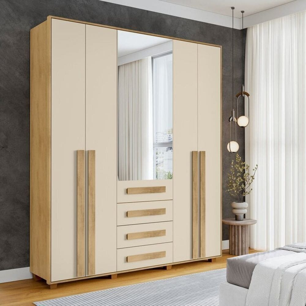 Guarda-roupa Casal 5 Portas 1 Porta com Espelho com 3 Gavetas Las Vegas Iii Cinamomo / Off White