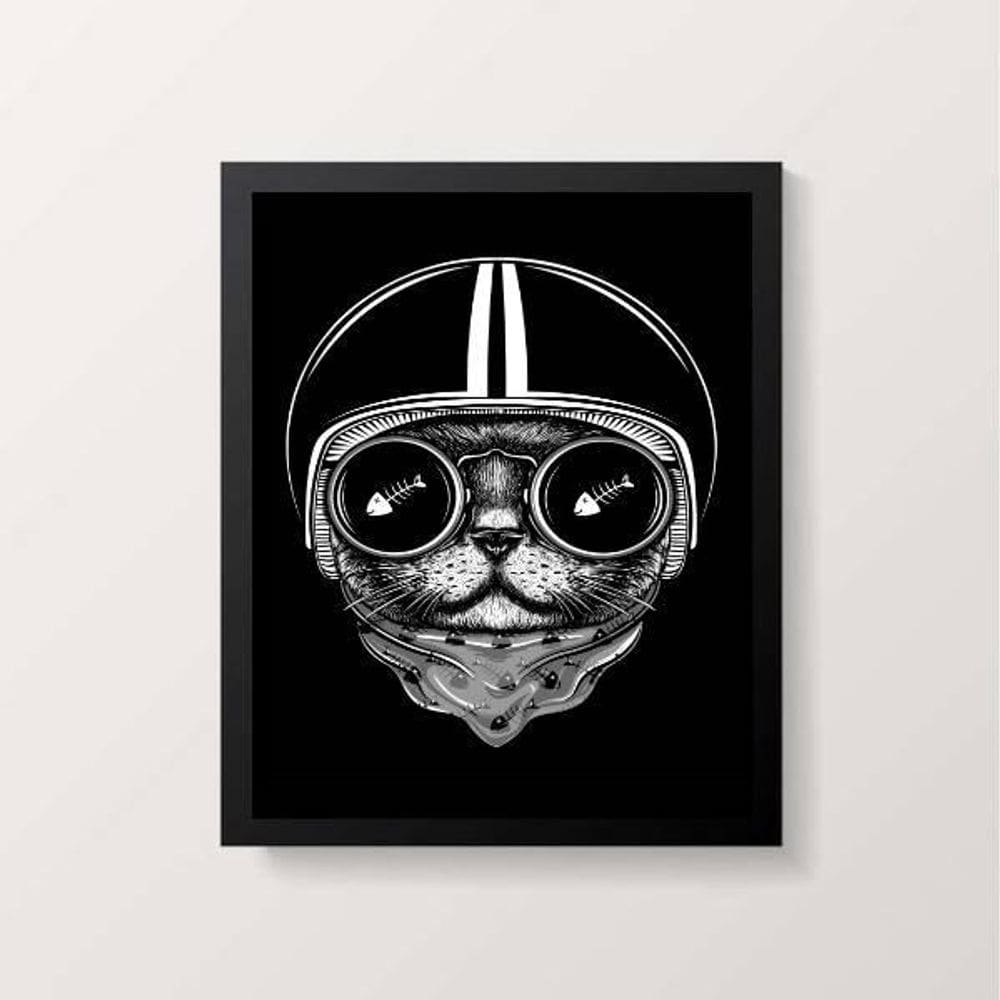Quadro Decorativo Gato Preto Capacete 45X34 Com Vidro Preta