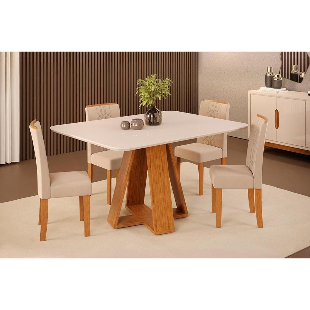 Conjunto: Mesa Sala Jantar Celeste c/ Tampo Madeirado c/ Vidro Curvo 120x90cm e 4 Cadeiras Zoe Freijo/Off White - Suede Creme - DJ Móveis