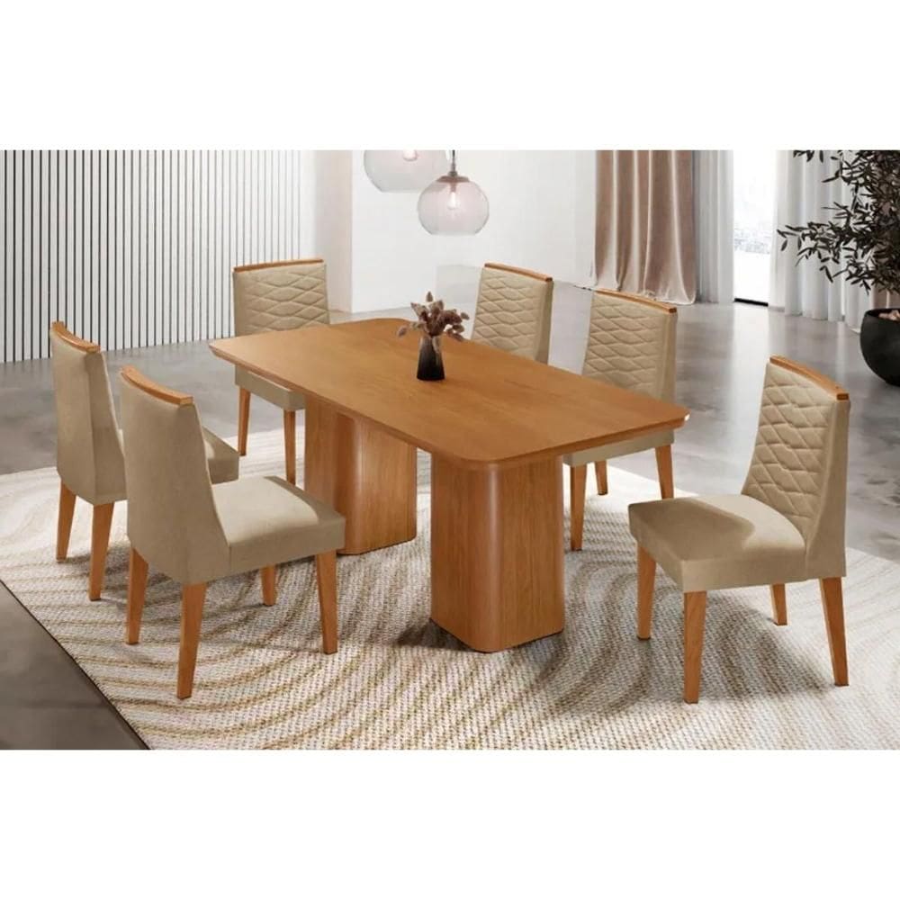 Conjunto: Mesa de Cozinha Maldivas Tampo Curvo 180cm+6 Cadeiras Maldivas Madeira Naturale - Capuccino/Linho Bege - Rufato