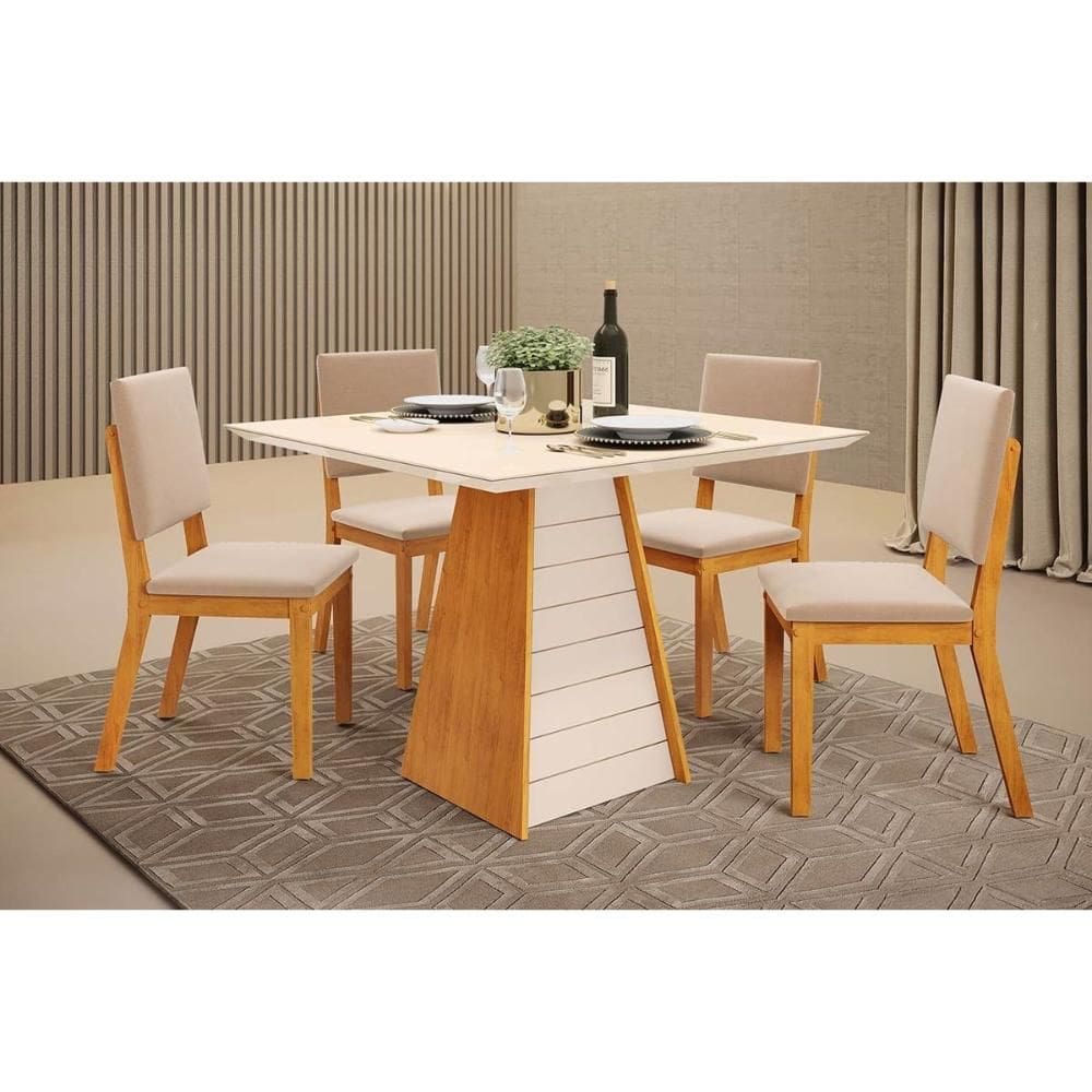 Sala de Jantar Completa Fler c/ Tampo Madeirado c/ Vidro 90x90cm e 4 Cadeiras Talia Cedro/Off White - Suede Creme - DJ Móveis