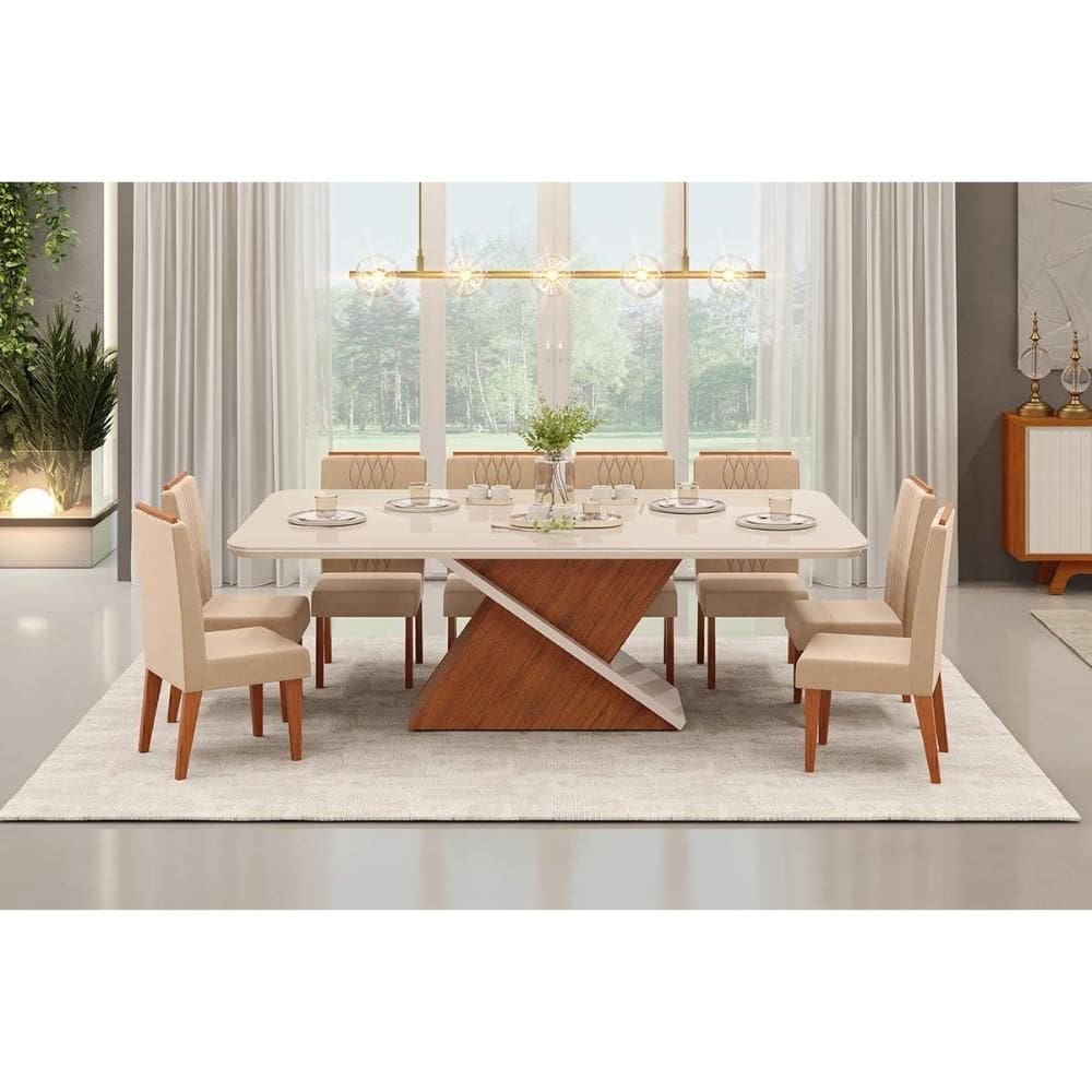 Sala de Jantar Completa Zafira c/ Tampo Madeirado c/ Vidro Curvo 200x100cm e 8 Cadeiras Lia Freijo/Off White - Linho Neve - DJ Móveis