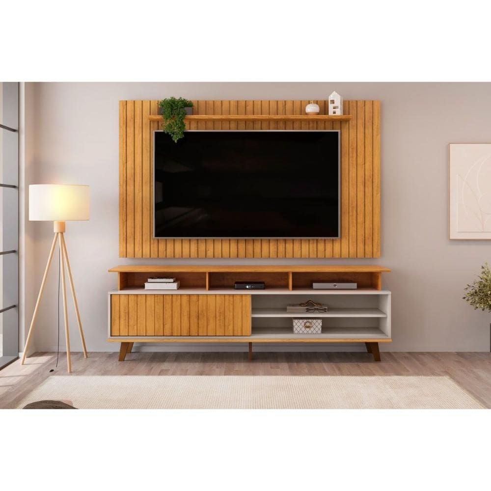 Rack Bancada c/ Painel p/ TV até 65 Pol Lume/Flow Ripado Porta e Nichos 180x168cm Cedro/Bali - DJ Móveis