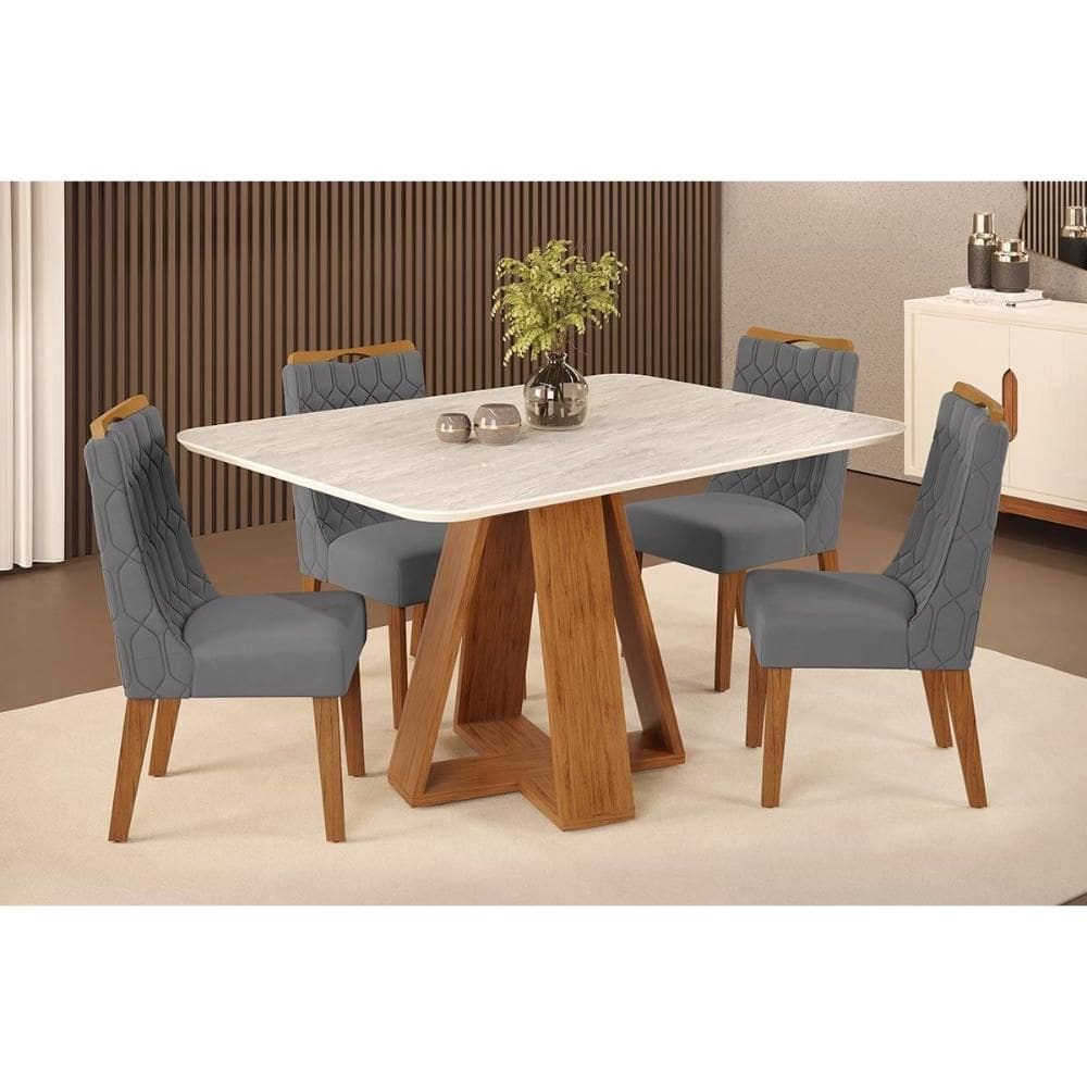 Sala de Jantar Completa Celeste c/ Tampo Madeirado Curvo 120x90cm e 4 Cadeiras Bia Freijo/Quartzo - Suede Lunar - DJ Móveis