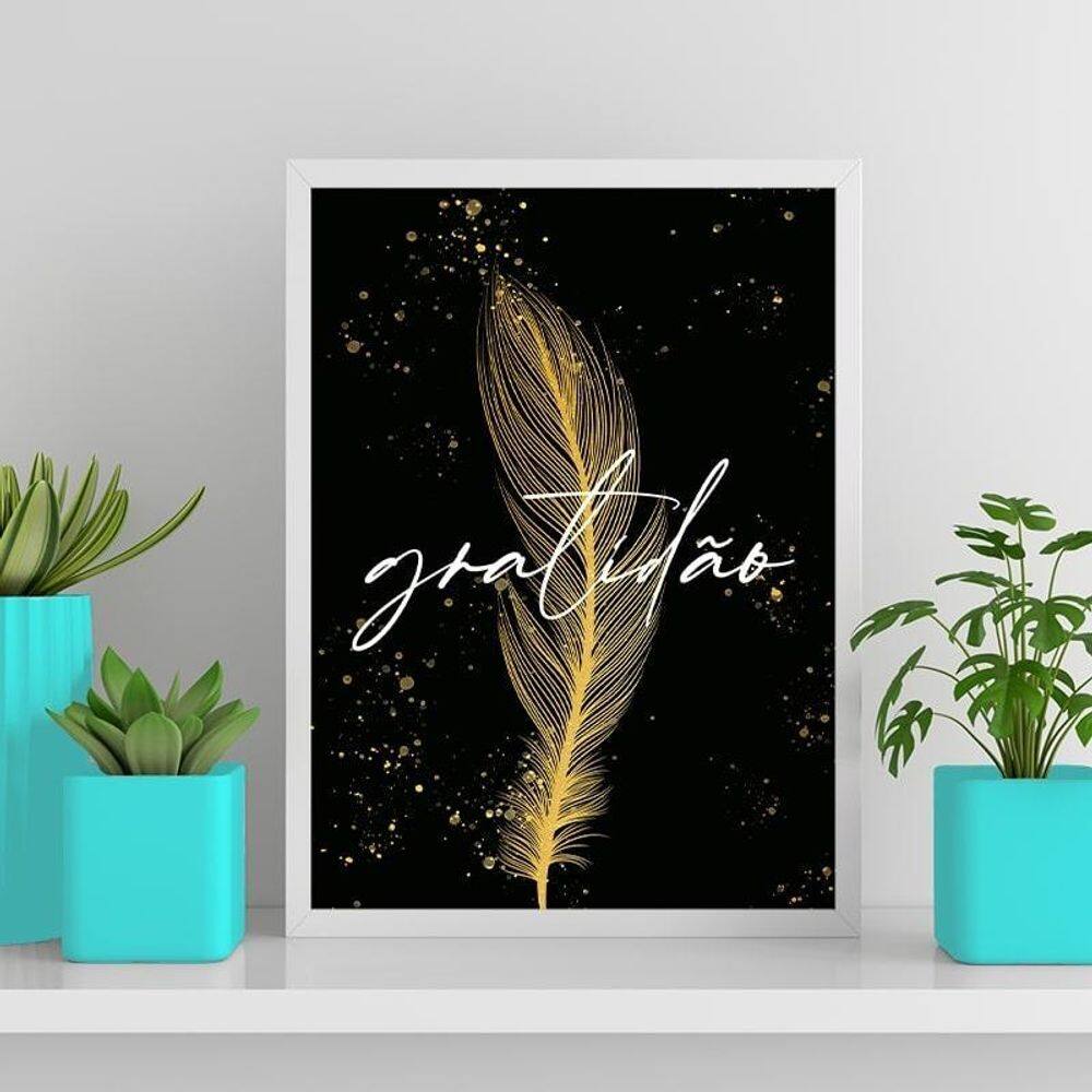 Quadro Pena Dourada Gratidão 24X18Cm Com Vidro - Branca