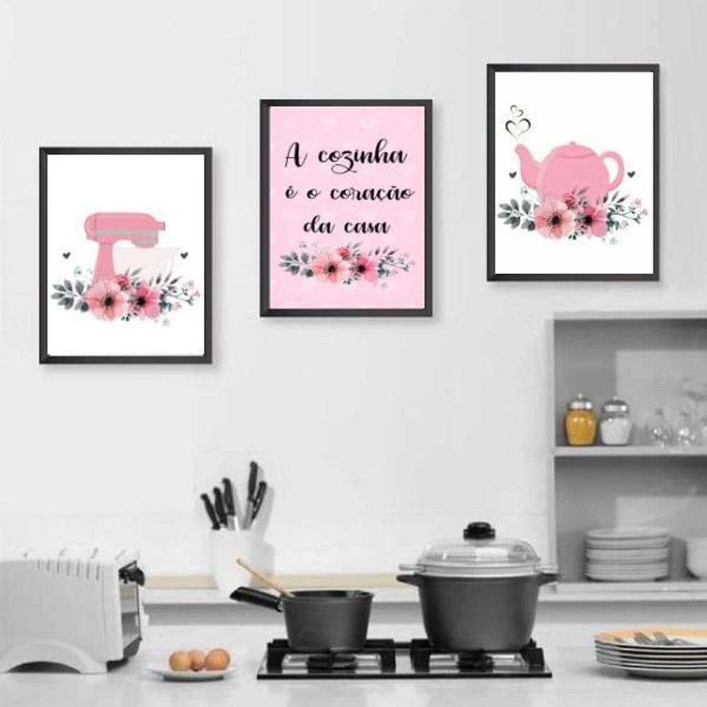 Kit 3 Quadros Cozinha Coração Da Casa Rosa 33X24Cm