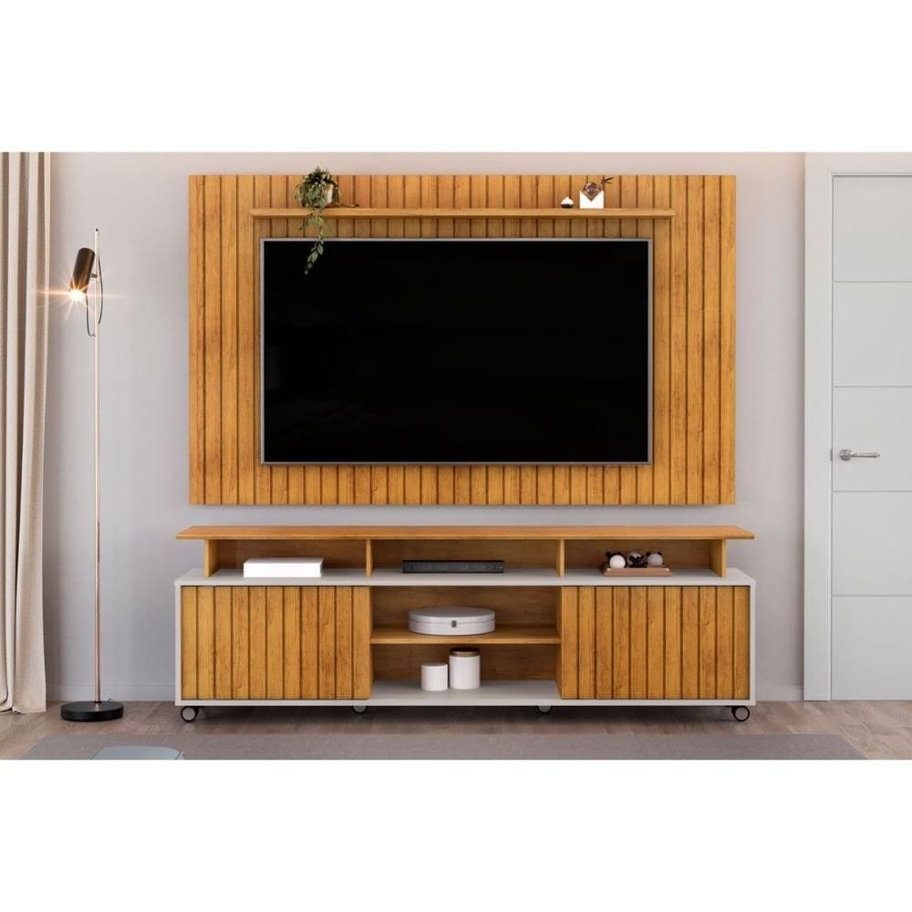 Estante p/ Sala até 65 Pol Lume/Olimpic Ripado c/ Prateleira e Nichos 180x168cm Cedro/Bali - DJ Móveis