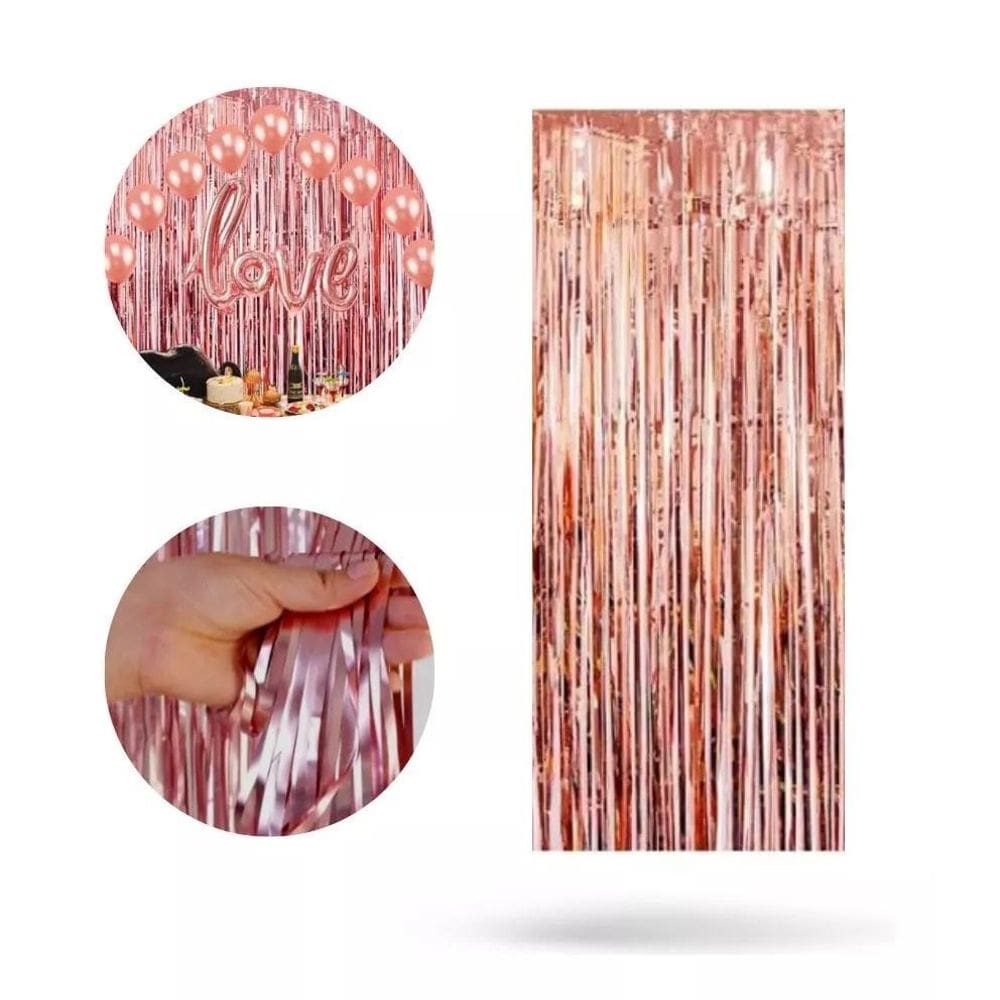 Cortina Metalizada Franja Metálica Decoração Festas Rose