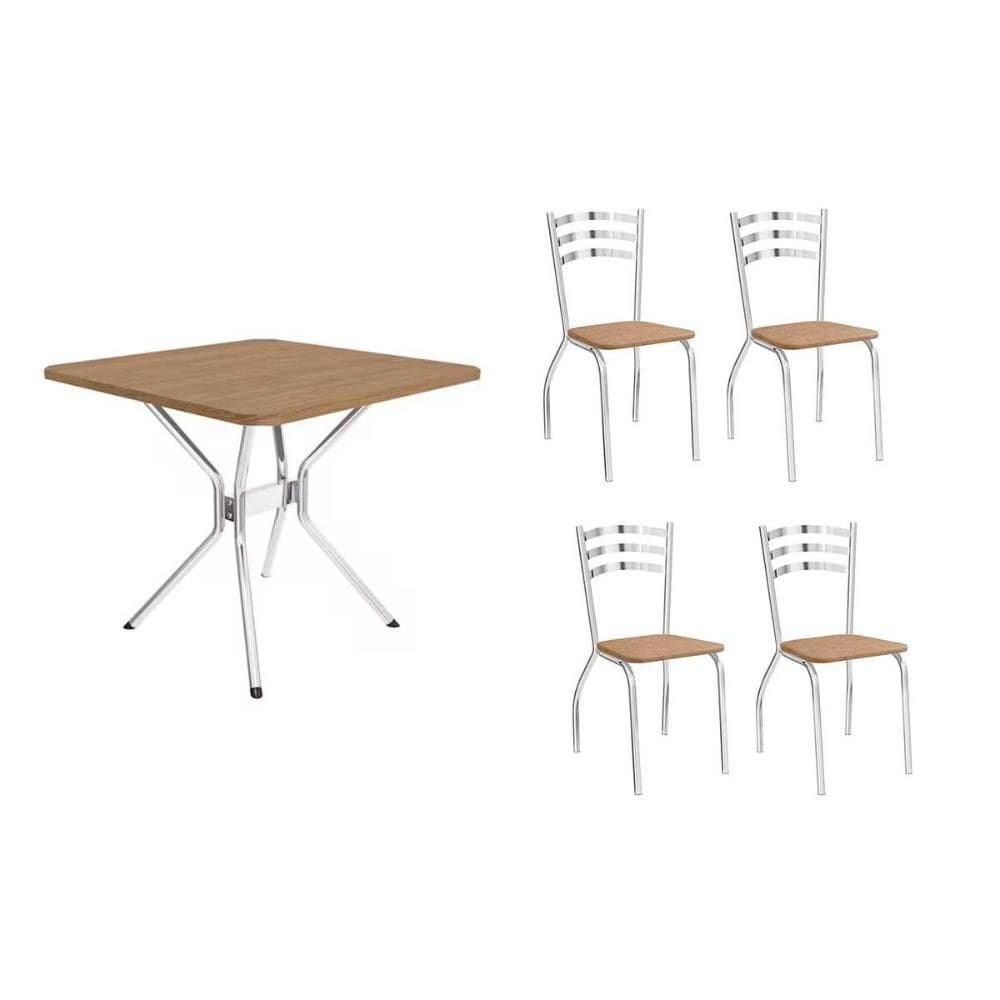 Sala de Jantar Completa Loire c/ Tampo de Madeira 90cm + 4 Cadeiras Portugal Cromada/Capuccino - Kappesberg