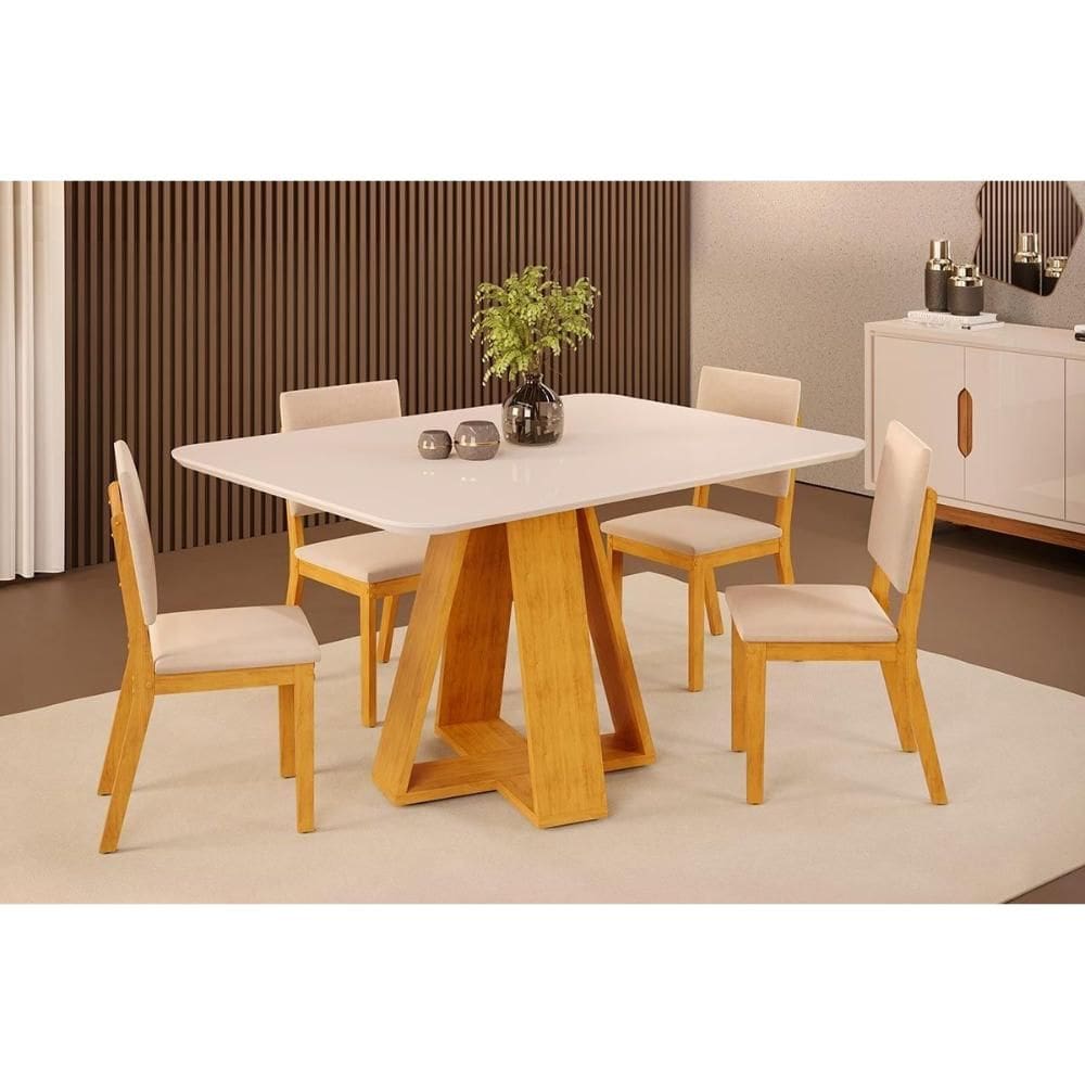 Sala de Jantar Completa Celeste c/ Tampo Madeirado c/ Vidro Curvo 120x90cm e 4 Cadeiras Talia Cedro/Off White - Suede Creme - DJ Móveis
