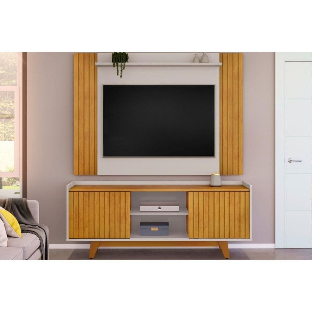 Rack Bancada c/ Painel p/ TV até 55 Pol Trend/Flat Ripado Portas e Nichos 150x168cm Cedro/Bali - DJ Móveis