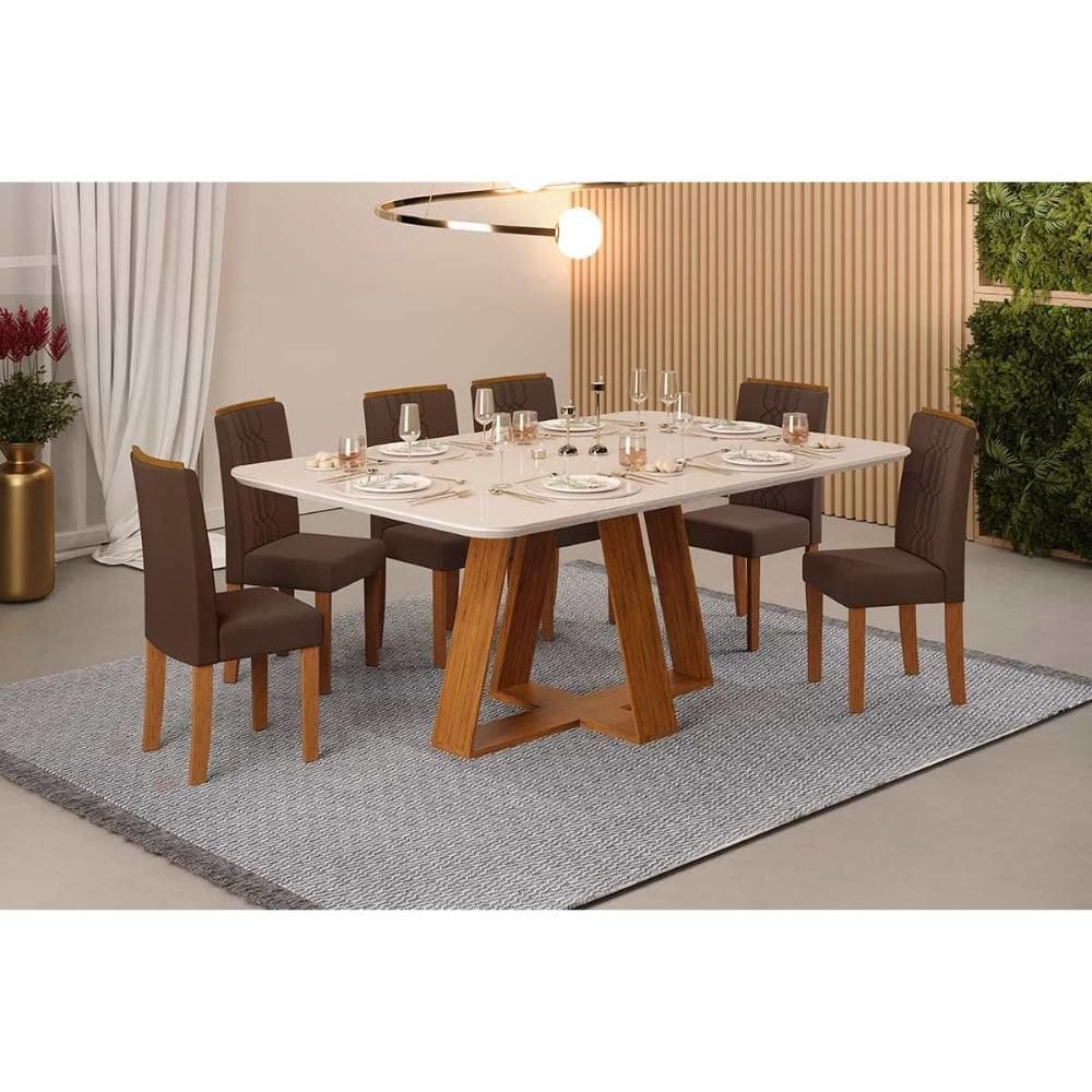 Sala de Jantar Completa Celeste c/ Tampo Madeirado c/ Vidro Retangular 160x90cm e 6 Cadeiras Zoe Freijo/Off White - Suede Moca - DJ Móveis