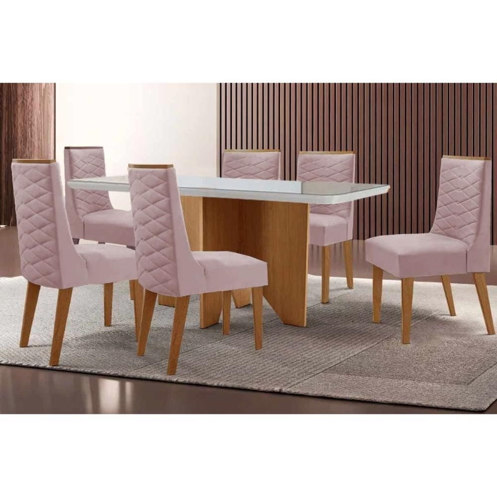 Sala de Jantar Completa Nevada c/ Tampo Madeirado c/ Vidro Canto Curvo 180x90cm e 6 Cadeiras Dafne Naturale/Off White - Linho Capuccino - Rufato